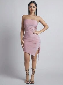 SHEIN PETITE Bên dây rút Ren Mộc nhĩ Long lanh Đầm bó sát ống - Hồng - Xem 5
