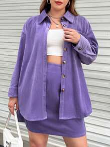 Flirla Plus Drop Shoulder Corduroy Shirt & Skirt - Lilac Purple - View 4