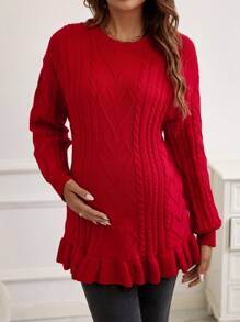 SHEIN Maternity Cable Knit Drop Shoulder Ruffle Hem Sweater, For Winter - Red - View 5