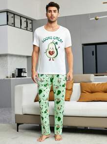 Men Cartoon & Letter Graphic PJ Set / Pajama Set
