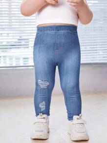 SHEIN Bebé niña Leggings efecto denim con estampado de cintura elástica