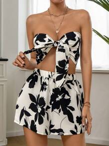 SHEIN VCAY Floral Print Knot Front Tube Top & Shorts - White - View 5