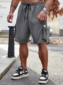 Manfinity 男款大尺碼寬鬆有蓋口袋側抽繩腰工裝短褲 - 灰色 - 查看 3