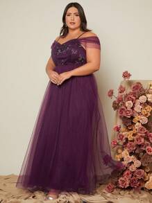 SHEIN Belle Plus Cold Shoulder Contrast Sequin Mesh Bridesmaid Dress - Red Violet - View 5