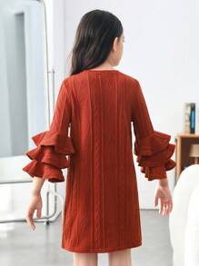 Tween Girl Ruffle Trim Layered Sleeve Dress - Red - View 2