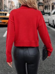 Chiquease Mock Neck Drop Shoulder Sweater For New Year,Long Sleeve Tops Knit Pullover Fall Winter Sweater - Red - View 2