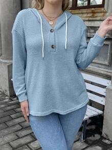 Calvaya Plus Half Button Drop Shoulder Drawstring Hoodie Graduation,Back To School Outfits,Graduation,Teacher Outfits For Women,Back To School Pullover Fall Outfit