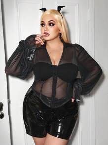 SHEIN ICON 大碼翅膀印花喇叭袖網紗襯衫