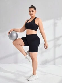 大碼網紗拼接工字運動套裝 - 黑色 - 查看 4