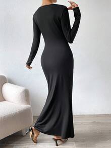 SHEIN Privé Asymmetrical Neck Button Detail Mermaid Hem Dress - Black - View 2