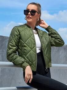 Eilly Bazar Zip Up Quilted Bomber Jacket - Army Green - View 1