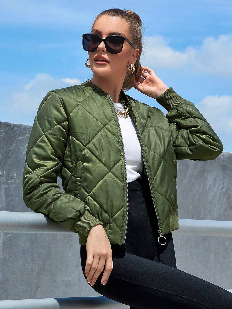 Eilly Bazar Zip Up Quilted Bomber Jacket - Army Green - View 1