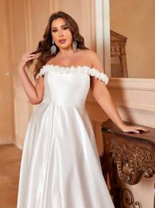 Plus Off Shoulder Split Thigh Wedding Dress - White - View 6