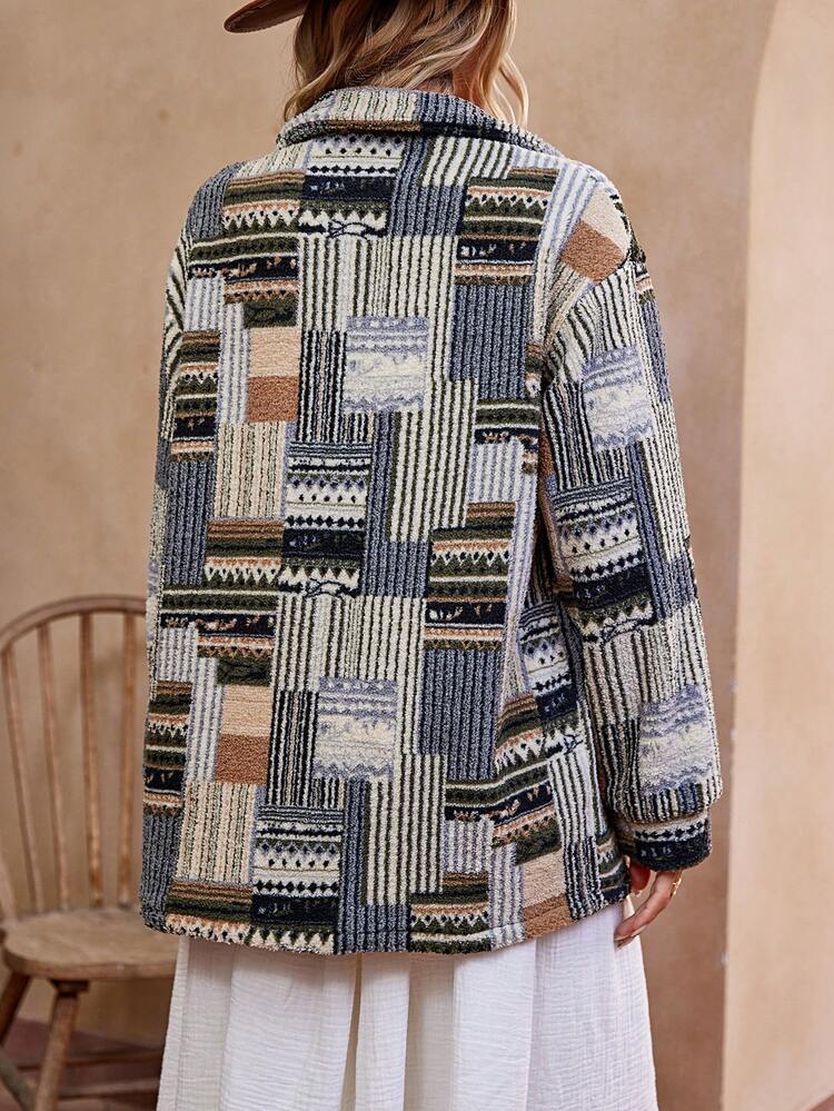 Patchwork Print Drop Shoulder Flap Detail Belted Coat