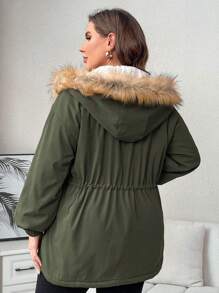 SHEIN LUNE 大碼腰部抽繩毛茸邊連帽派克大衣 - 軍綠色 - 查看 3