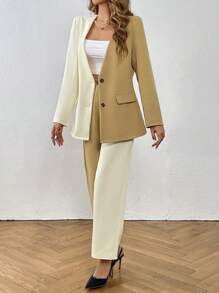 SHEIN LUNE 雙色單排扣西裝外套和褲子 - 彩色 - 查看 5