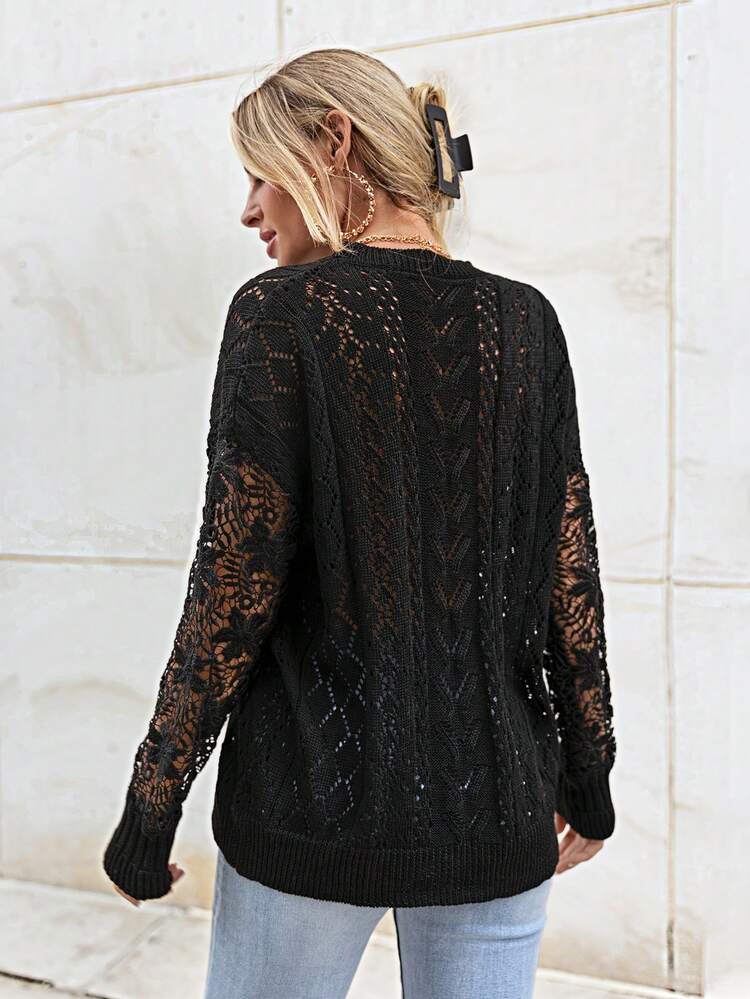 Pointelle Knit Drop Shoulder Sweater