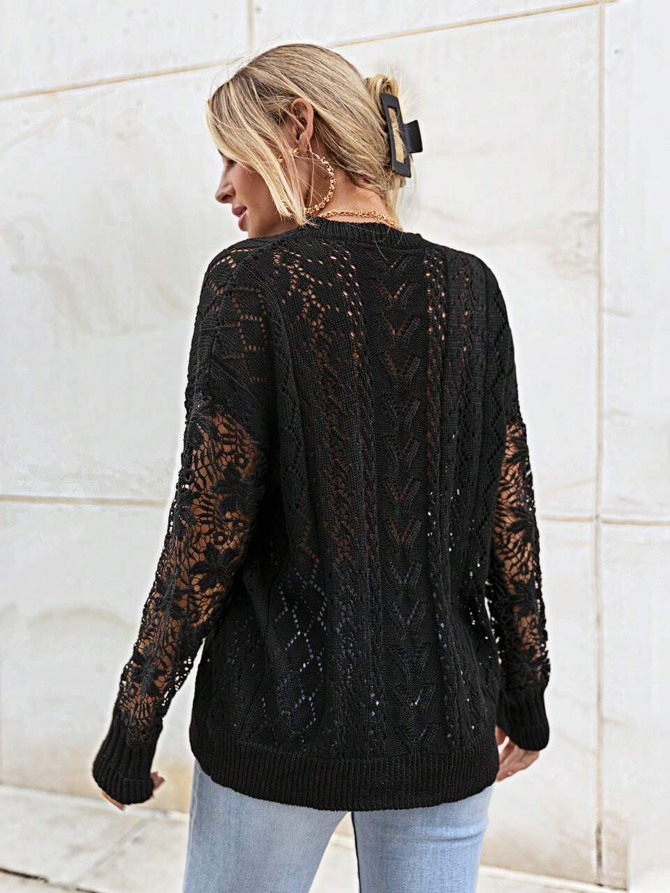 Pointelle Knit Drop Shoulder Sweater