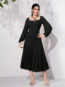 Modelyn Tie Back Ruched Ruffle Hem Dress Long Evening Dresses - Black - View 4