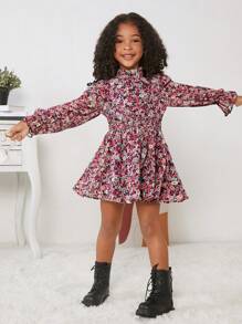 SHEIN Leap Crew 少女城市優雅立領花卉印花長袖洋裝,適用於春夏季 - 彩色 - 查看 1