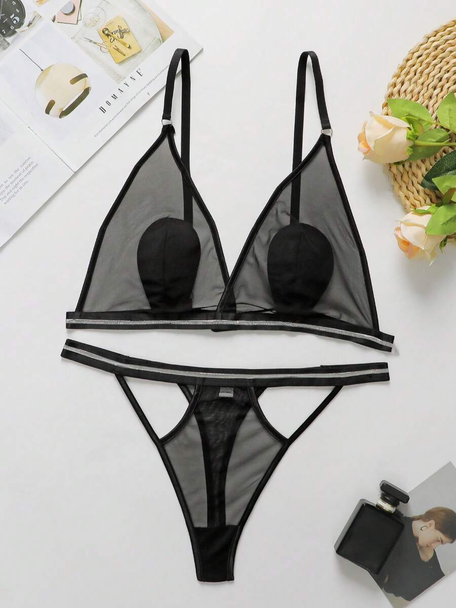 Set de lencería de malla en contraste con abertura - Negro - Ver 1