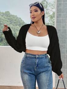 Flirla Plus Batwing Sleeve Open Front Crop Cardigan, For Winter Fall Cloth For Women Autumn - Black - View 7