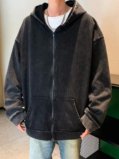 男士拉链落肩连帽衫，长袖上衣