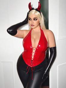 SHEIN ICON Plus Lace Up Front PU Leather Halter Top - Red - View 2