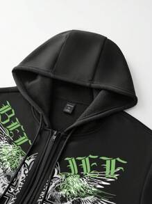 ROMWE MEN Grunge Punk Men Eagle & Slogan Graphic Zip Up Thermal Lined Hoodie - Black - View 5