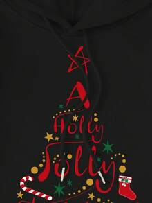 SHEIN EZwear Christmas Print Kangaroo Pocket Drawstring Thermal Hoodie - Black - View 5