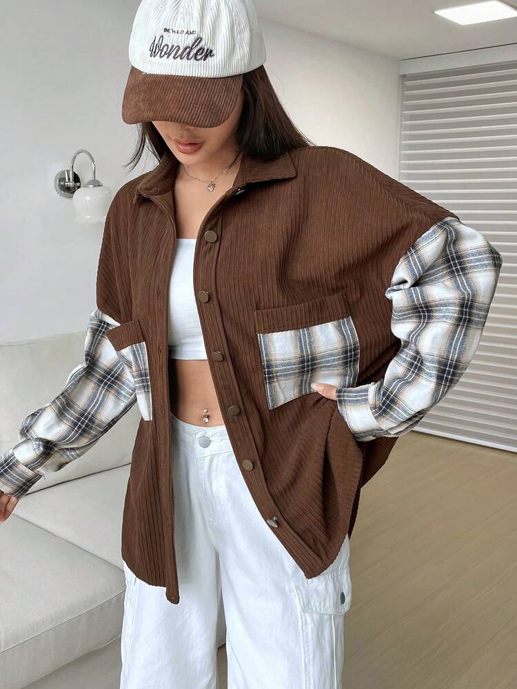 Plaid Print Drop Shoulder Pocket Patched Button Front Shacket