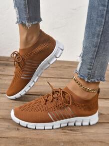 女士針織透氣綁帶極簡風格運動鞋 - 摩卡棕 - 查看 2
