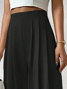 高腰拼接細節闊腿褲 - 黑色 - 查看 7