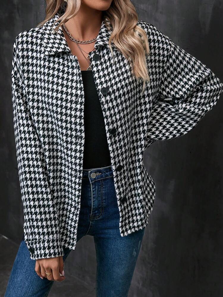 Houndstooth Print Drop Shoulder Coat