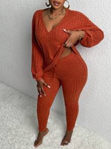 Slaydiva 2 件/套休閒家居服彈性針織羅紋修身加大尺碼女款長袖 T 恤和褲子套裝 - 棕色 - 查看 1