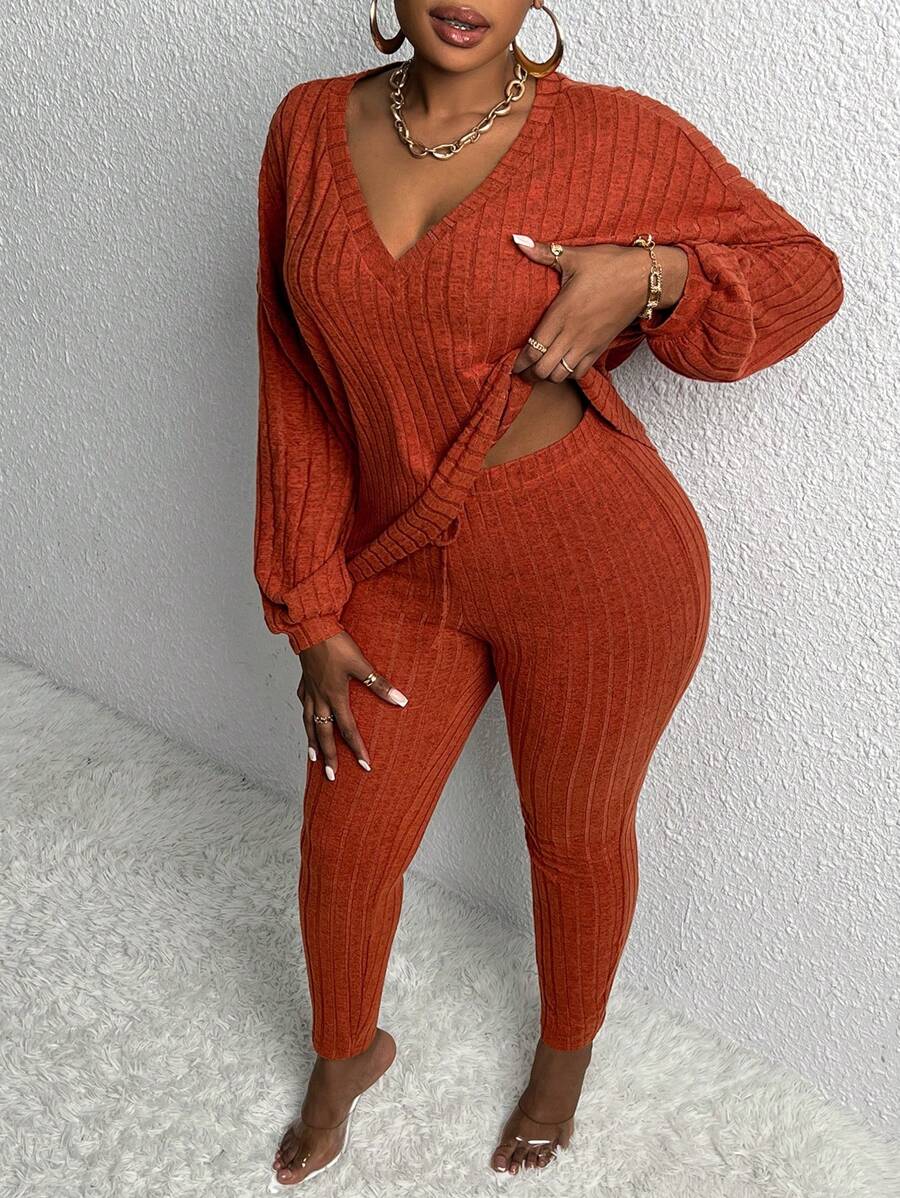 Slaydiva 2 件/套休閒家居服彈性針織羅紋修身加大尺碼女款長袖 T 恤和褲子套裝 - 棕色 - 查看 1