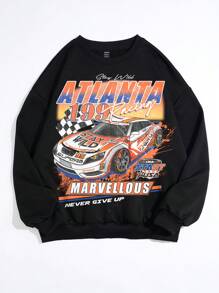 SHEIN EZwear Women's European And American Style Loose Fit Sweatshirt With Racing Slogan Print - Black - View 5