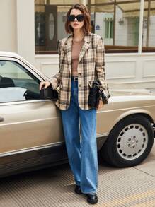 BizChic Plaid Print Lapel Neck Blazer - Brown - View 6