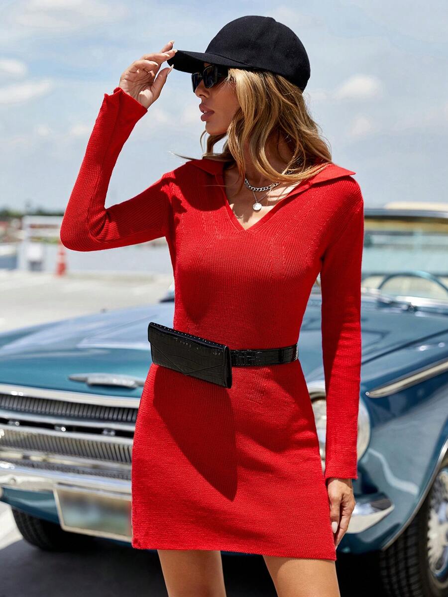 EURMUSE Chất rắn Đầm Áo len Không có túi thắt lưng - Đỏ - Xem 1