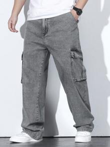 Manfinity Homme 男士加大號活口口袋側拉鍊貨褲，直筒長洗水牛仔褲，素面淺灰色，時尚外出街頭穿搭，尺寸