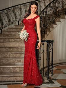 SHEIN Belle Sweetheart Neck Sequin Formal Dress For New Year Holiday Party Clothes,Gown,Evening,Wedding Guest - Red - View 3