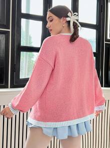 Flirla Plus Contrast Trim Drop Shoulder Duster Cardigan - Pink - View 2