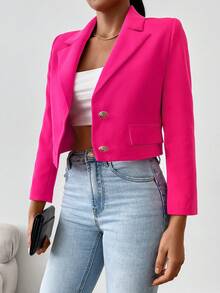 EURMUSE Cổ áo Chi tiết về Flap Crop Blazer - Hồng - Xem 3
