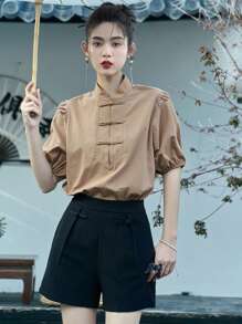 DAZY Chất rắn Nút Ếch Mặt trước Ống tay áo Áo - Màu Khaki - Xem 4
