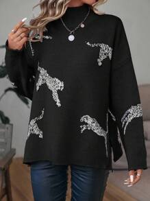 SHEIN LUNE Zebra Pattern Mock Neck Drop Shoulder Split Hem Knit Pullover Fall Winter Sweater - Black - View 1