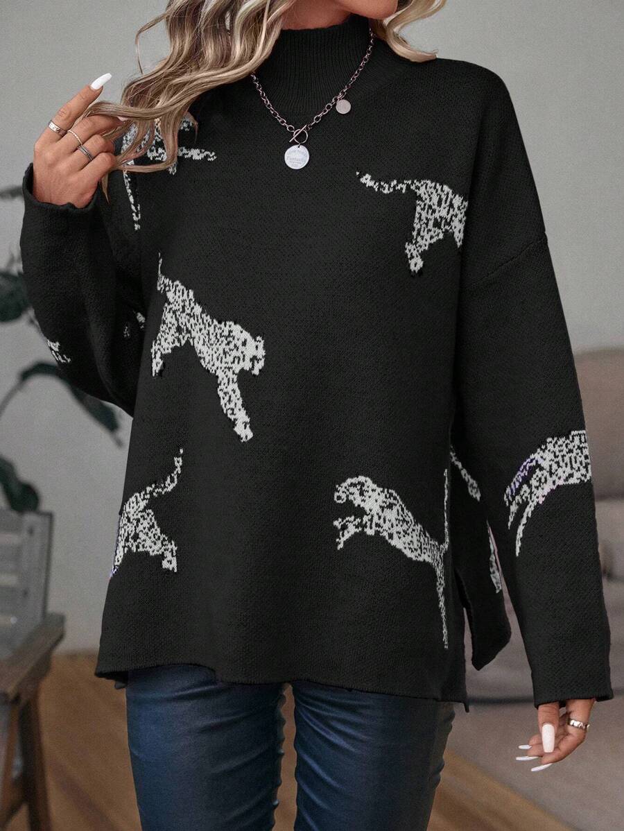 SHEIN LUNE Zebra Pattern Mock Neck Drop Shoulder Split Hem Knit Pullover Fall Winter Sweater - Black - View 1