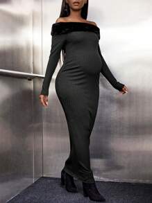 SHEIN Maternity Off Shoulder Fuzzy Trim Bodycon Dress - Brown - View 1