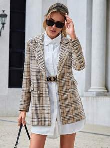 EURMUSE Plaid Print Lapel Neck Double Button Blazer - Beige - View 1