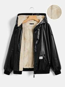 SHEIN EZwear 落肩袖拉鏈開襟毛絨內襯連帽PU皮革夾克 - 黑色 - 查看 1