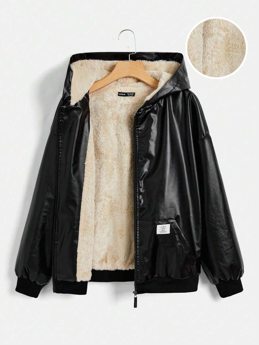 SHEIN EZwear 落肩袖拉鏈開襟毛絨內襯連帽PU皮革夾克 - 黑色 - 查看 1